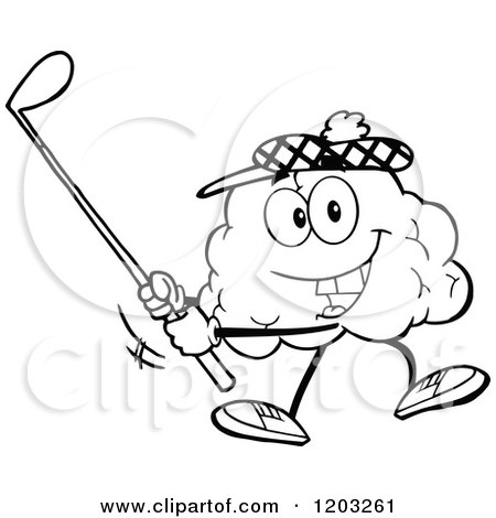 Cartoon of a Black and White Happy Brain Mascot Golfing - Royalty Free Vector Clipart by Hit Toon