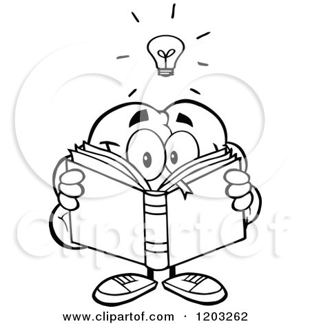 Cartoon of a Black and White Brain Mascot with a Light Bulb, Reading a Book - Royalty Free Vector Clipart by Hit Toon