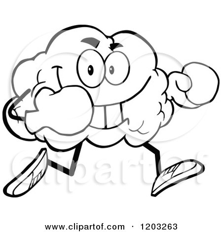 Cartoon of a Black and White Brain Mascot Running with Boxing Gloves - Royalty Free Vector Clipart by Hit Toon