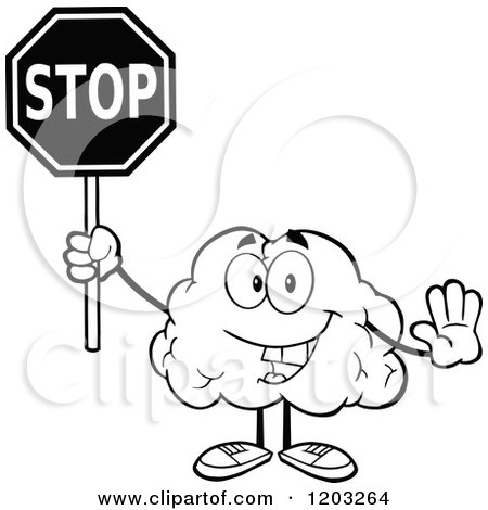 Cartoon of a Black and White Brain Mascot Holding a Stop Sign - Royalty Free Vector Clipart by Hit Toon