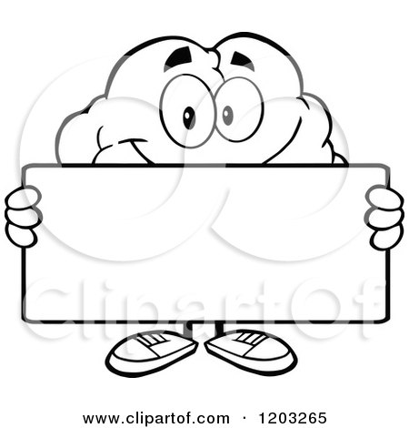 Cartoon of a Black and White Brain Mascot Holding a Sign - Royalty Free Vector Clipart by Hit Toon
