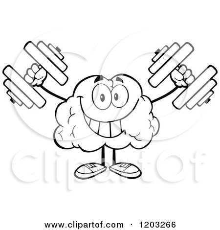 Cartoon of a Black and White Strong Brain Mascot Lifting Dumbbells -  Royalty Free Vector Clipart by Hit Toon #1203266