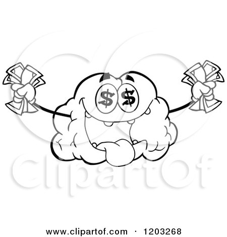 Cartoon of a Black and White Brain Mascot with Dollar Eyes and Cash - Royalty Free Vector Clipart by Hit Toon