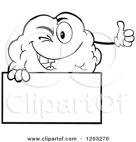 Cartoon of a Black and White Happy Brain Mascot Holding a Thumb up over a Sign - Royalty Free Vector Clipart by Hit Toon