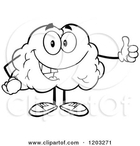 Cartoon of a Black and White Happy Brain Mascot Holding a Thumb up - Royalty Free Vector Clipart by Hit Toon