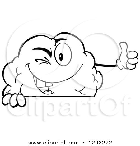 Cartoon of a Black and White Happy Brain Mascot Holding a Thumb up over a Sign 2 - Royalty Free Vector Clipart by Hit Toon