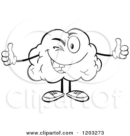 Cartoon of a Black and White Happy Brain Mascot Winking and Holding Two Thumbs up - Royalty Free Vector Clipart by Hit Toon