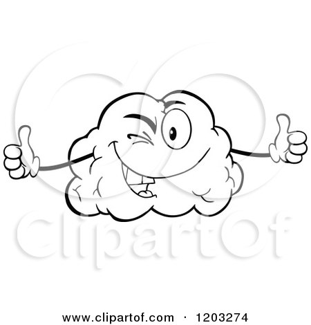 Cartoon of a Black and White Happy Brain Mascot Holding Two Thumbs up - Royalty Free Vector Clipart by Hit Toon