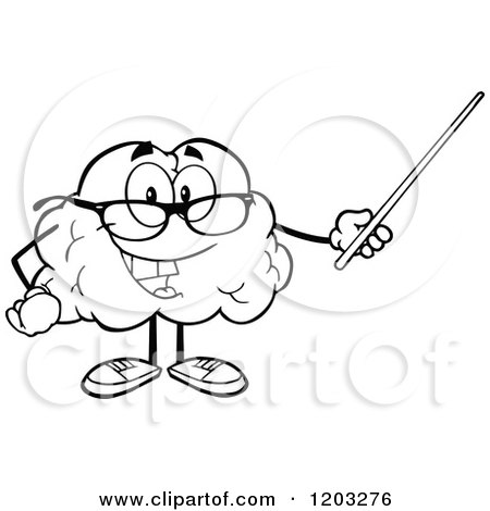 Cartoon of a Black and White Happy Brain Mascot Using a Pointer Stick - Royalty Free Vector Clipart by Hit Toon