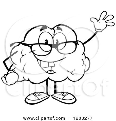 Cartoon of a Black and White Happy Brain Mascot Wearing Glasses and Waving - Royalty Free Vector Clipart by Hit Toon