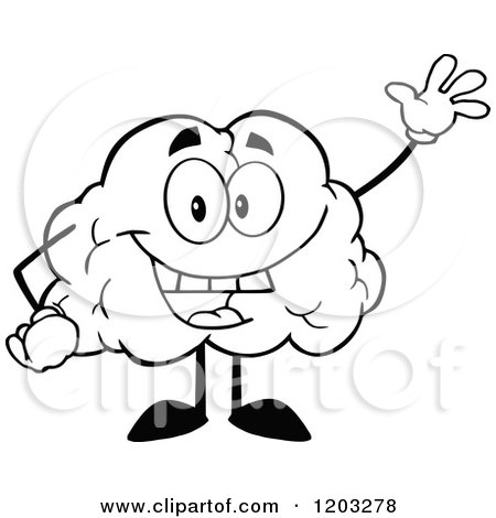 Cartoon of a Black and White Happy Brain Mascot Waving - Royalty Free Vector Clipart by Hit Toon
