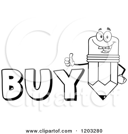 Cartoon of a Black and White Pencil Mascot Holding a Thumb up over the Word BUY - Royalty Free Vector Clipart by Hit Toon