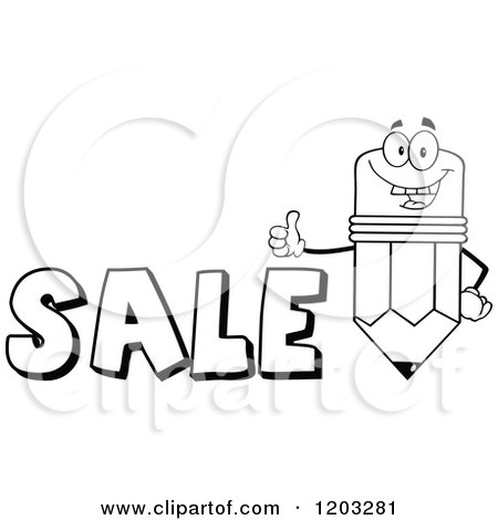 Cartoon of a Black and White Pencil Mascot Holding a Thumb up over the Word SALE - Royalty Free Vector Clipart by Hit Toon