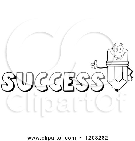Cartoon of a Black and White Pencil Mascot Holding a Thumb up over the Word SUCCESS - Royalty Free Vector Clipart by Hit Toon