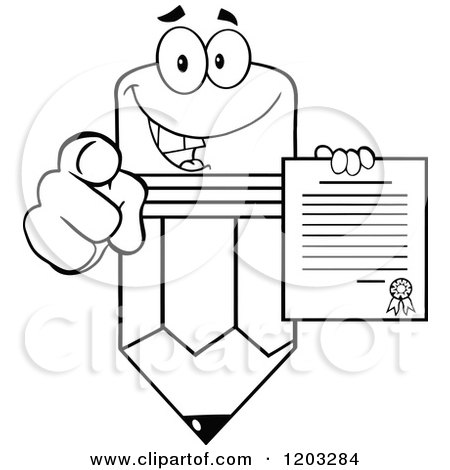 Cartoon of a Black And White Pencil Mascot Holding a Contract and Pointing - Royalty Free Vector Clipart by Hit Toon