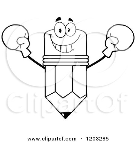 Cartoon of a Black and White Pencil Mascot Wearing Boxing Gloves - Royalty Free Vector Clipart by Hit Toon