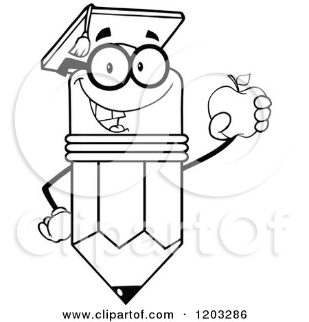 Cartoon of a Black and White Pencil Mascot Graduate Holding an Apple - Royalty Free Vector Clipart by Hit Toon