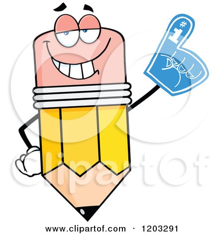 Cartoon of a Pencil Mascot Wearing a Number 1 Foam Finger - Royalty Free Vector Clipart by Hit Toon