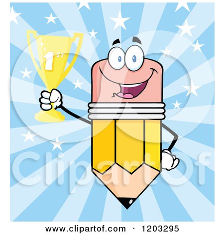Cartoon of a Pencil Mascot Holding a Trophy over Blue Rays - Royalty Free Vector Clipart by Hit Toon