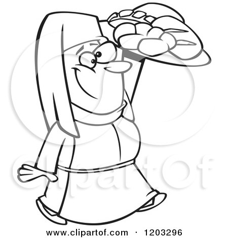 Cartoon of an Outlined Happy Medieval Castle Baker Woman Carrying Bread - Royalty Free Vector Clipart by toonaday