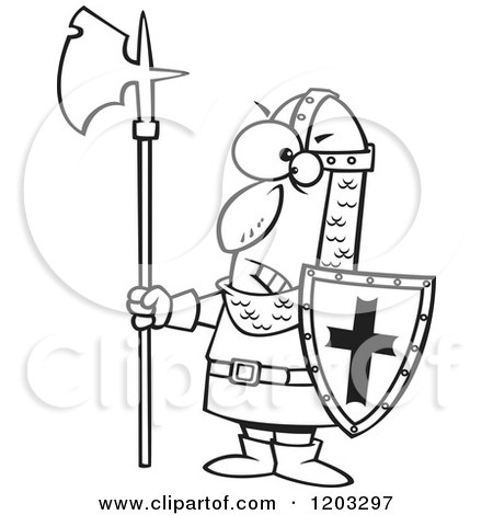 Cartoon of an Outlined Angry Medieval Castle Guard with an Axe and Shield - Royalty Free Vector Clipart by toonaday