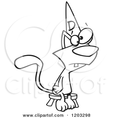 Cartoon of an Outlined Dumb Cat Sitting on a Stool and Wearing a Dunce Hat - Royalty Free Vector Clipart by toonaday