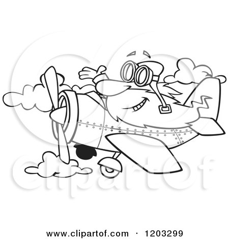 Cartoon of an Outlined Happy Old Man Waving and Flying a Plane - Royalty Free Vector Clipart by toonaday