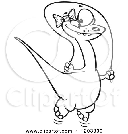 Cartoon of an Outlined Happy Female Dinosaur Playing with a Jump Rope - Royalty Free Vector Clipart by toonaday