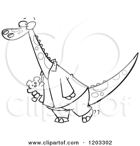 Cartoon of an Outlined Dinosaur in Pajamas, Carrying a Teddy Bear - Royalty Free Vector Clipart by toonaday
