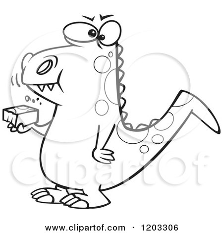 Cartoon of an Outlined Dinosaur Eating a Block - Royalty Free Vector Clipart by toonaday