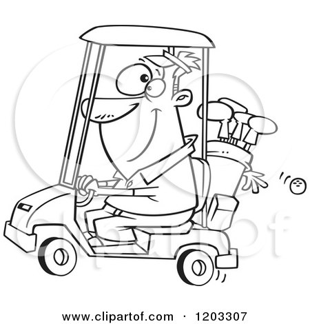 Cartoon of an Outlined Happy Man Driving a Golf Cart - Royalty Free Vector Clipart by toonaday