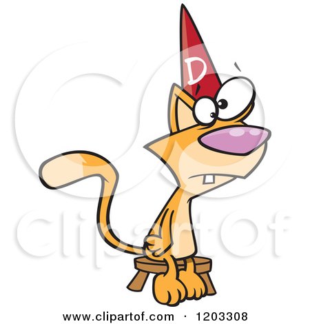 Cartoon of a Dumb Orange Cat Sitting on a Stool and Wearing a Dunce Hat - Royalty Free Vector Clipart by toonaday