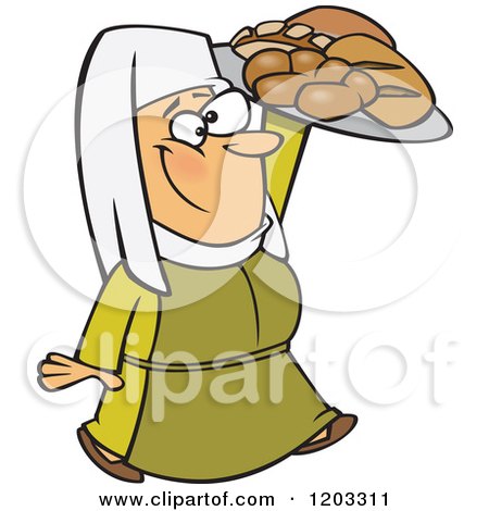 Cartoon of a Happy Medieval Castle Baker Woman Carrying Bread - Royalty Free Vector Clipart by toonaday