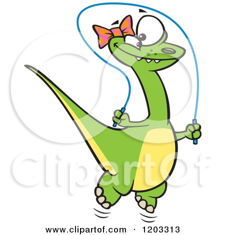 Cartoon of a Happy Green Female Dinosaur Playing with a Jump Rope - Royalty Free Vector Clipart by toonaday