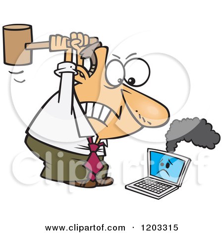 Cartoon of an Angry White Businessman Whacking a Broken Laptop with a Mallet - Royalty Free Vector Clipart by toonaday