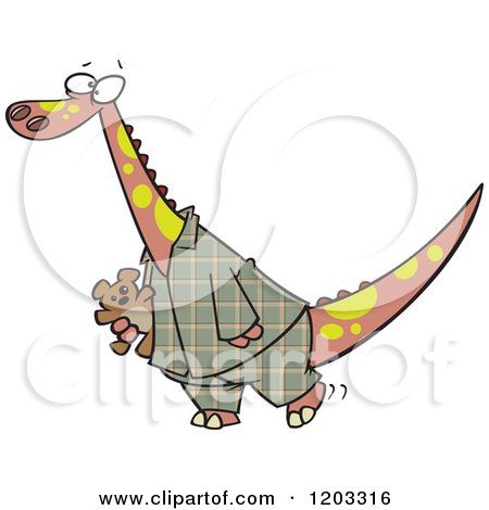 Cartoon of a Dinosaur in Plaid Pajamas, Carrying a Teddy Bear - Royalty Free Vector Clipart by toonaday