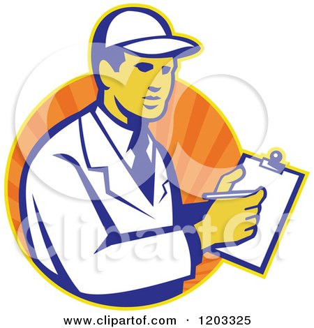Clipart of a Retro Technician Writing on a Clipboard over an Orange Circle of Rays - Royalty Free Vector Illustration by patrimonio