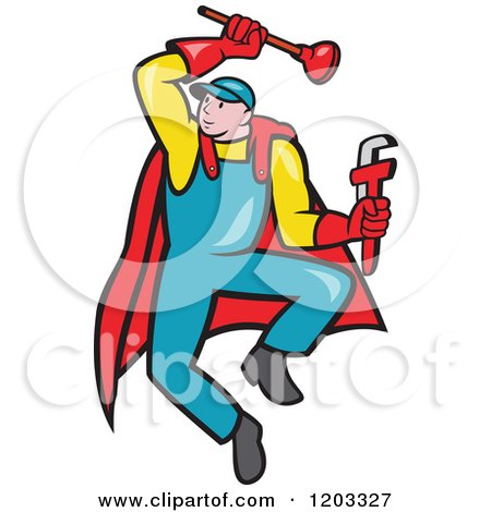Clipart of a Cartoon Super Plumber Jumping with a Monkey Wrench and Plunger - Royalty Free Vector Illustration by patrimonio