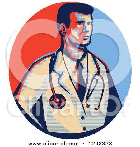 Clipart of a Retro Male Doctor with a Stethoscope over a Red and Blue Circle - Royalty Free Vector Illustration by patrimonio