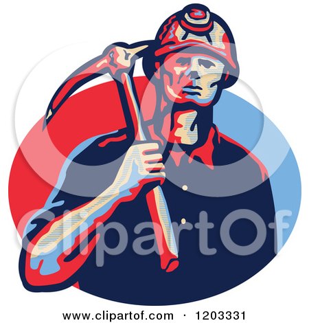 Clipart of a Retro Coal Miner with a Hard Hat and Pick Axe over a Blue and Red Oval - Royalty Free Vector Illustration by patrimonio