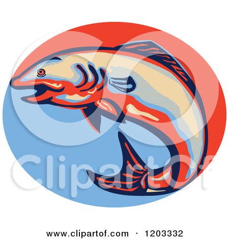 Clipart of a Retro Jumping Atlantic Salmon over a Red and Blue Oval - Royalty Free Vector Illustration by patrimonio