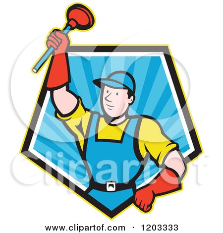 Clipart of a Cartoon Super Plumber Holding up a Plunger in a Blue Ray Pentagon - Royalty Free Vector Illustration by patrimonio