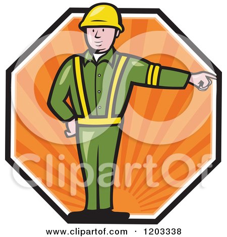 Clipart of a Retro Cartoon Emergency Worker Pointing in an Octagon of Orange Rays - Royalty Free Vector Illustration by patrimonio