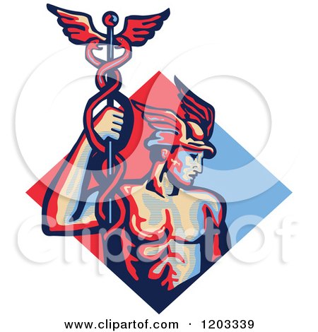 Clipart of a Retro Mercury Roman God Holding a Caduceus in a Red and Blue Diamond - Royalty Free Vector Illustration by patrimonio