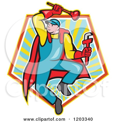 Clipart of a Cartoon Super Plumber Jumping with a Monkey Wrench and Plunger over a Ray Pentagon - Royalty Free Vector Illustration by patrimonio