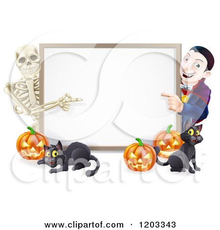 Cartoon of a Happy Vampire Skeleton Pumpkins and Black Cat Around a Blank Sign - Royalty Free Vector Clipart by AtStockIllustration