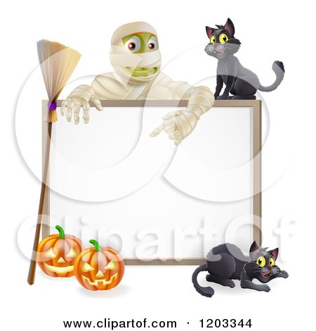Cartoon of a Happy Mummy and a Black Cat over a Halloween Sign with a Broomstick and Pumpkins - Royalty Free Vector Clipart by AtStockIllustration