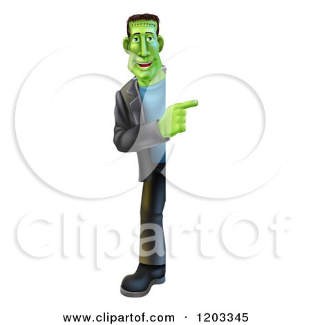Cartoon of a Full Length Happy Smiling Frankenstein Looking Around and Pointing to a Sign - Royalty Free Vector Clipart by AtStockIllustration