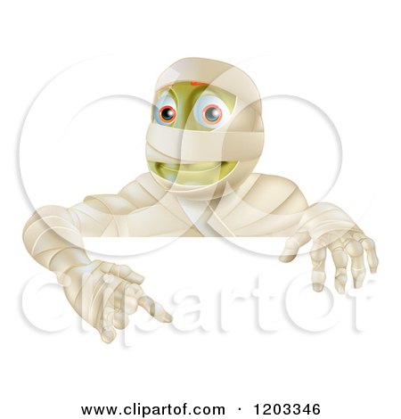 Cartoon of a Happy Halloween Mummy Pointing down at a Sign - Royalty Free Vector Clipart by AtStockIllustration
