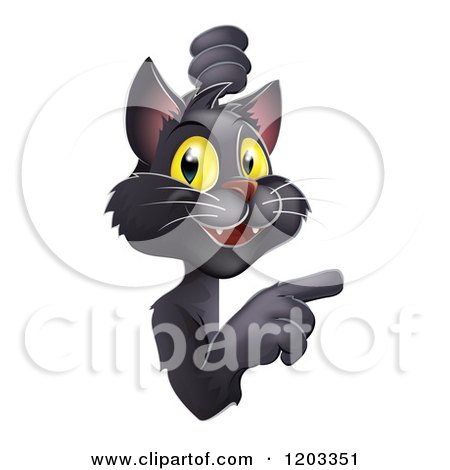 Cartoon of a Happy Yellow Eyed Black Cat Looking Around and Pointing at a Sign - Royalty Free Vector Clipart by AtStockIllustration